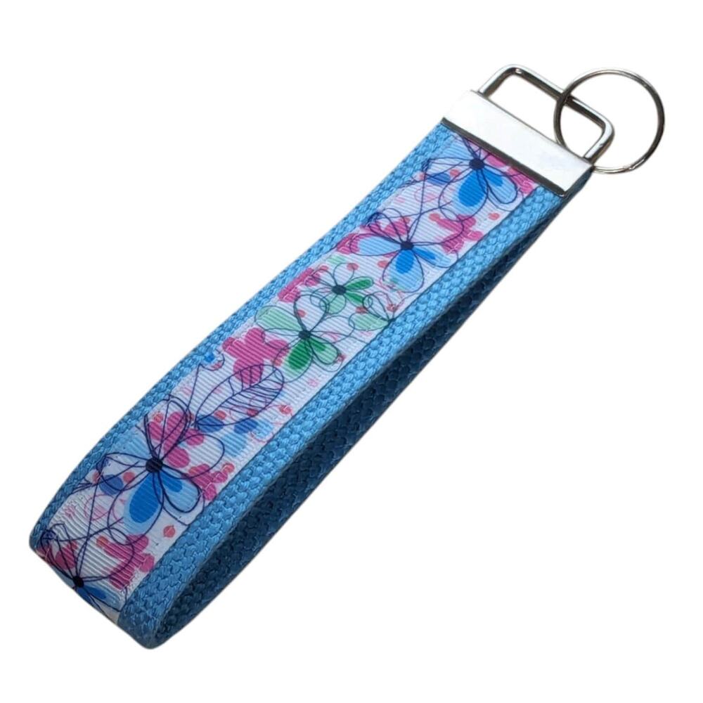 Floral Keychain Wristlet Handmade Boho Fabric Key FOB Gift Present Daisy Flower